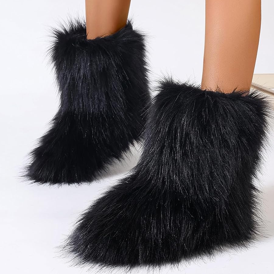靴 FVVO fur boots Amazon.com | Popchrio Women's Faux Fur Boot Furry Fluffy